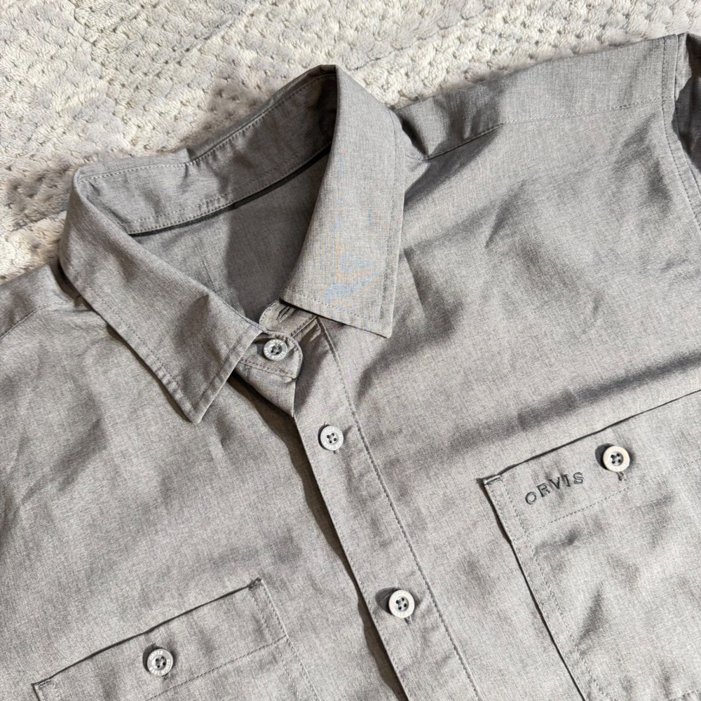 Orvis Mens Short Sleeve Button Down Shirt Gray Heathered Polyester Top XL
